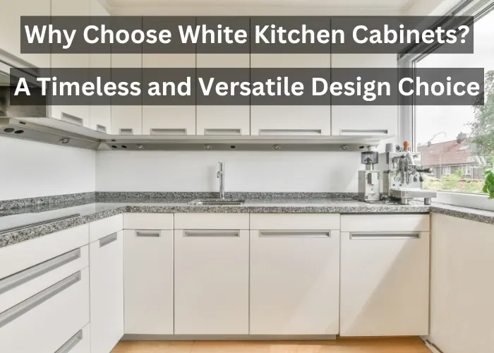 new and sleek white kitchen cabinets, with the text "Why choose white kitchen cabinets? A Timeless and Versatile Design Choice" written on it